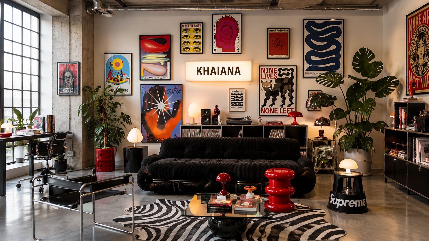 The Khaiana Creative studio — poster wall, record shelf and lounge seating